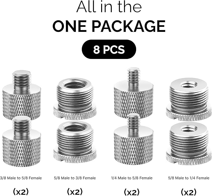 IXTECH Mic Stand Adapter Set 8 pieces Metal Microphone Stand Screw Thread Adapter 5/8 Female to 3/8 Male 3/8 Female to 5/8 Male 5/8 Female to 1/4 Male 1/4 Female to 5/8 Male Tripod Adapter ADP03 Slvr