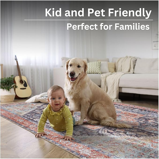 Bloom Rugs Washable Non-Slip 3' x 5' Rug - Terracotta/Blue Traditional Medallion Area Rug for Living Room, Bedroom, Dining Room, and Kitchen - Exact Size: 3' x 5'