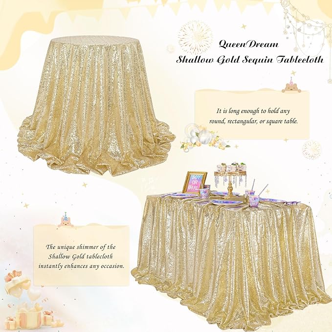 QueenDream Light Gold Party Decorations Sequin Tablecloth: Glitter Overlay 90x90 Inch Table Drapes for Banquet Wedding Theme Party Planners