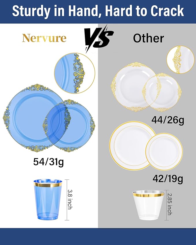 Nervure 350PCS Blue Plastic Plates - Blue Plastic Dinnerware Sets for 50 Guests - 100 Disposable Plates, 150 Gold Silverware, 50 Cups, 50 Napkins for Wedding & Party & Thanksgiving Day