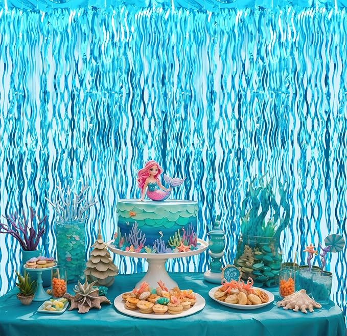 Goer Metallic Tinsel Foil Fringe Curtains for Party Photo Backdrop Wedding Decor (4 Pcs,Wavy Light Blue), One Size