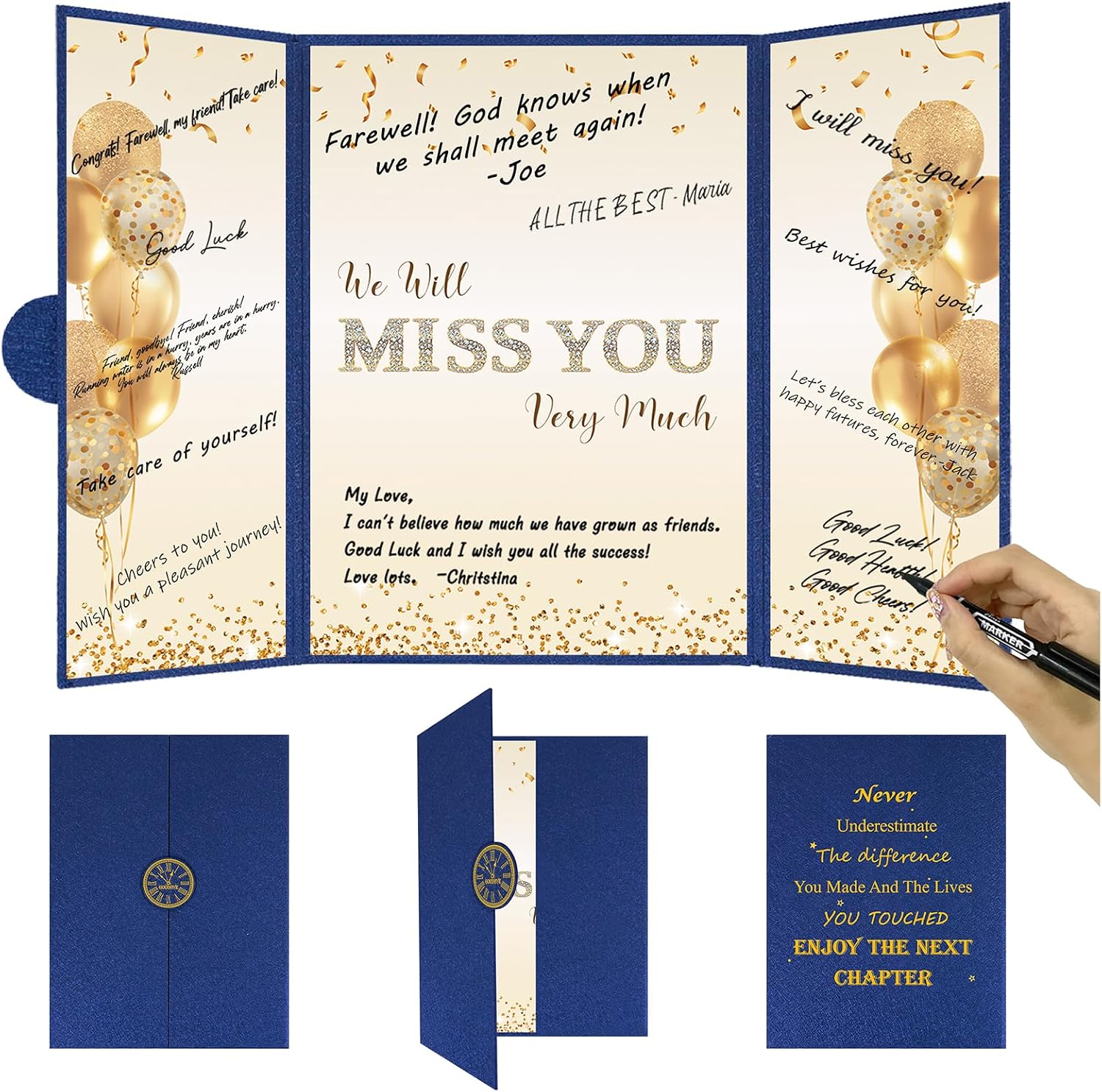 DARUNAXY Blue Gold Farewell Party Decorations, We Will Miss You Very Much Alternative Signature Guest Book for Men Women Going Away Gifts Signing Card Board for Retirement Graduation Party Supplies