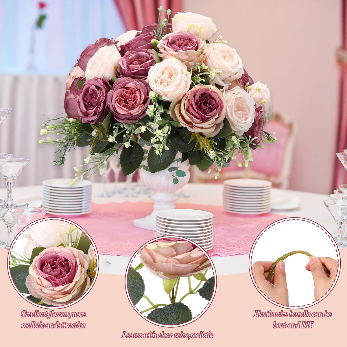 geosar 16 bundles artificial peonies flowers,dusty pink, dusty, side view