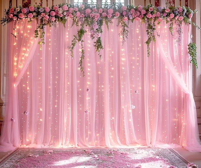 20ft x 10ft Pink Tulle Photo Backdrop Curtain with Lights String for Baby Shower Sheer Baby Pink Curtain Backdrop for Birthday Party Wedding Photo Booth Photography Background Decorations