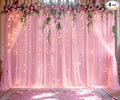 Pink Tulle Backdrop Curtains with Lights String for Parites 20ft×8ft Pink Sheer Backdrop Curtains for Baby Shower Girls Bridal Shower Birthday Party Photo Shoot Decorations(4 Panels 5×8ft)