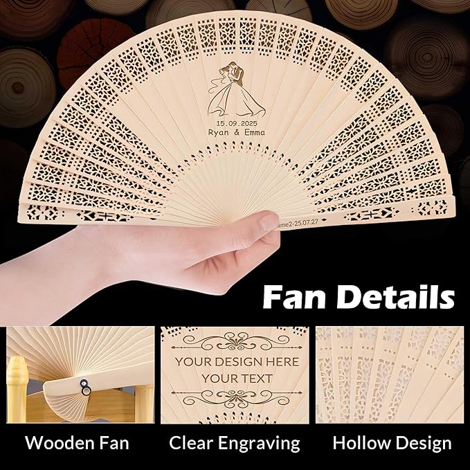 50 PCS Custom Fans Personalized Folding Fans for Line Dancing Wooden Hand Fan Wedding Favors Bulk Fans for Guests Party Event Use (Style08)