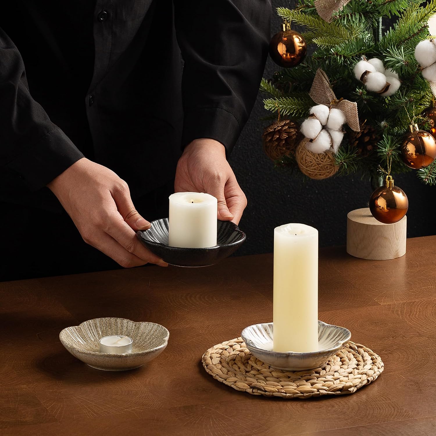 Ceramic Pillar Candle Holder, Incense & Tealight Tray, Black | Ceramic pillar candle holder for tealights, incense, and palo santo. Easy to clean. Ideal for home decor and aromatherapy.