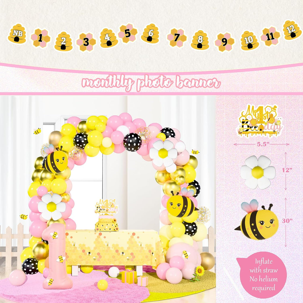 bee 1st birthday party decorations for girl, yellow on a desk or shelf