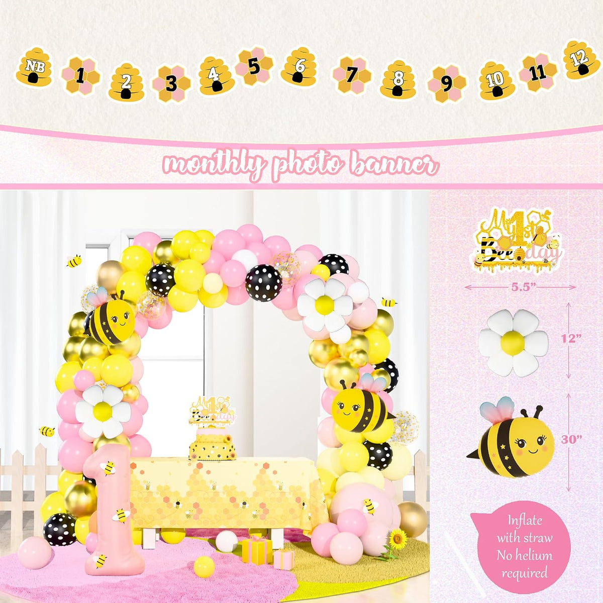 bee 1st birthday party decorations for girl, yellow on a desk or shelf