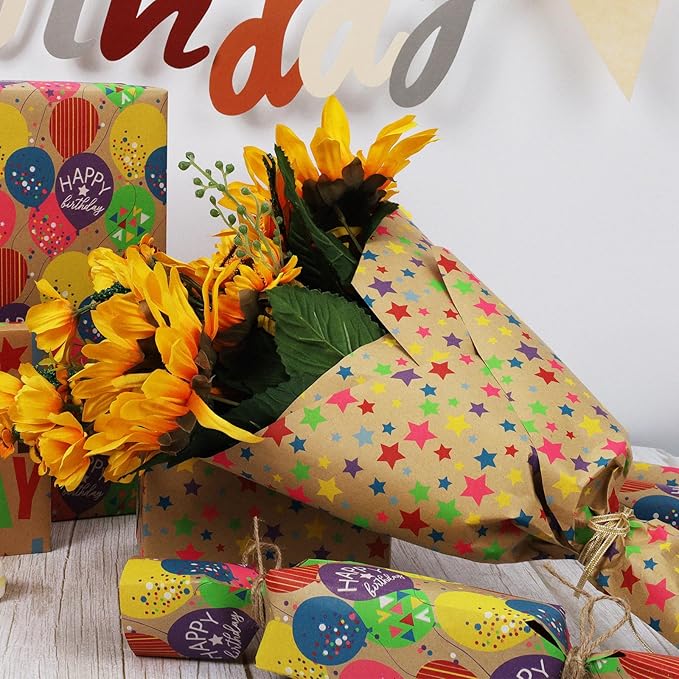LaRibbons Birthday Wrapping Paper Roll for Kids, 30 Inch x 33 Feet (83 sq. ft. ttl.) Kraft Gift Wrap Paper with Colorful Star Pattern for Baby Shower Holiday Party