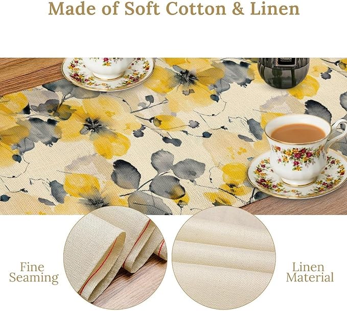 Floral Table Runner,Yellow Flowers Spring Print Table Cloth Kitchen Dining Table Home Party Decoration 13x72 Inch