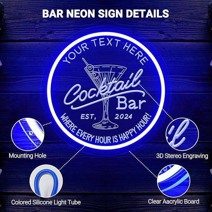 Personalized Cocktail Bar Neon Sign for Home Bar, Custom LED Neon Signs for Man Cave Pub Tavern Bistro Lounge Martini Wall Decor, Customized LED Light Up Signs for Men Dad Husband Gifts
