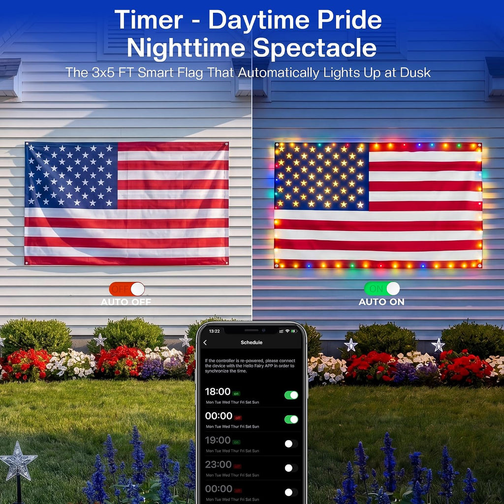 smart lighted american flag 3x5 ft, app control, side view