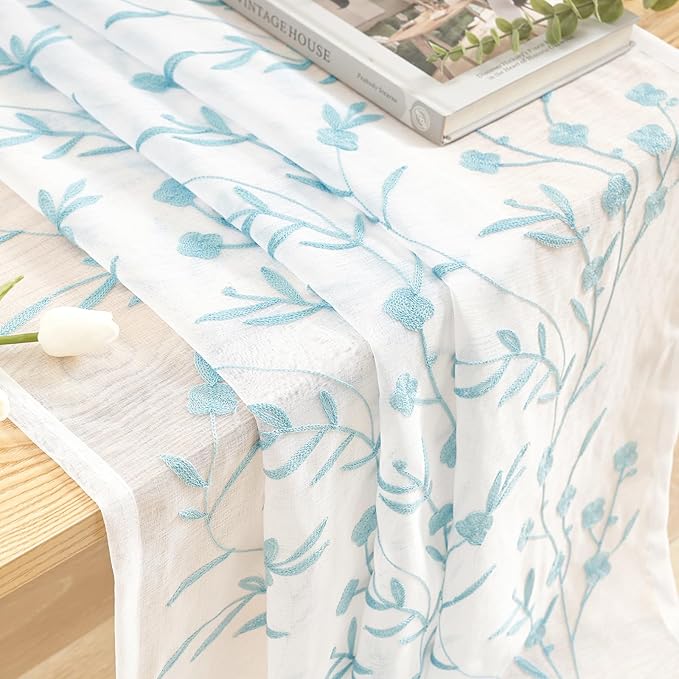 Sheer Curtains White-Blue 45 Inches Long Floral Embroidery Rod Pocket Voile Drapes for Living room, Bedroom, Window Treatments Semi Lace Outdoor Curtain Panels for Yard, Kitchen, Set of 2, 52"x 45".