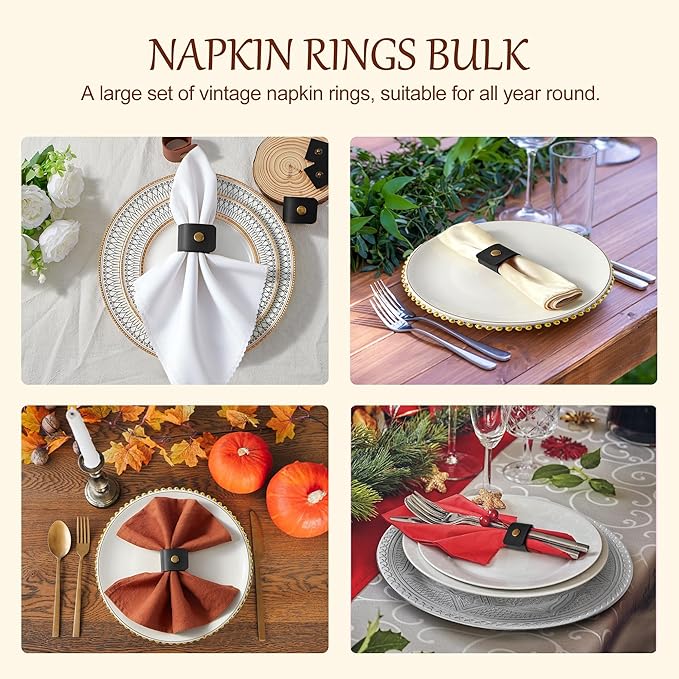 APTWOW Leather Napkin Rings Set of 12 - Fall Thanksgiving Napkin Holder, Black Halloween Vintage Farmhouse Napkin Rings Bulk for Wedding Party Birthday Banquet Table Decor and Daily Use