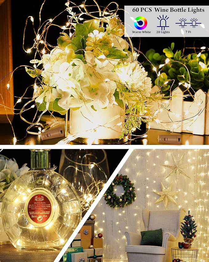 Hortsun 60 Pack Wine Bottle Lights with Cork Fairy Mini String Lights Battery Operated Mini Waterproof 7 ft Silver Wire 20 Led Cork Shape for Christmas, DIY, Party, Decor, Wedding, Bar(Warm White)