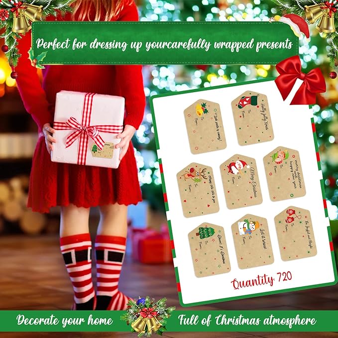 Zonon 720 Pieces Self Adhesive Christmas Gift Tag Xmas Kraft Name Tags Natural Kraft Xmas Stickers Paper Tags Labels for Christmas Decoration(Classic Style)