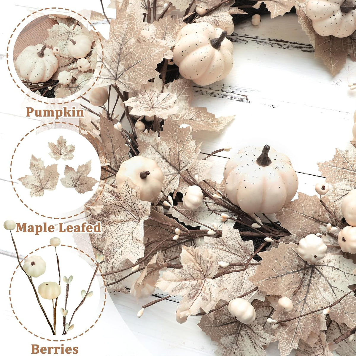 26 Inch Large Foldable Fall Wreath for Front Door with Lights Timer, Autumn M...