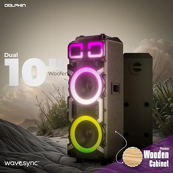 Dolphin High-Power Portable Party Bluetooth Speaker – Wooden Cabinet, X-BASS, LED Lights, Wireless Microphone – Ideal for Parties, Tailgating, and Events