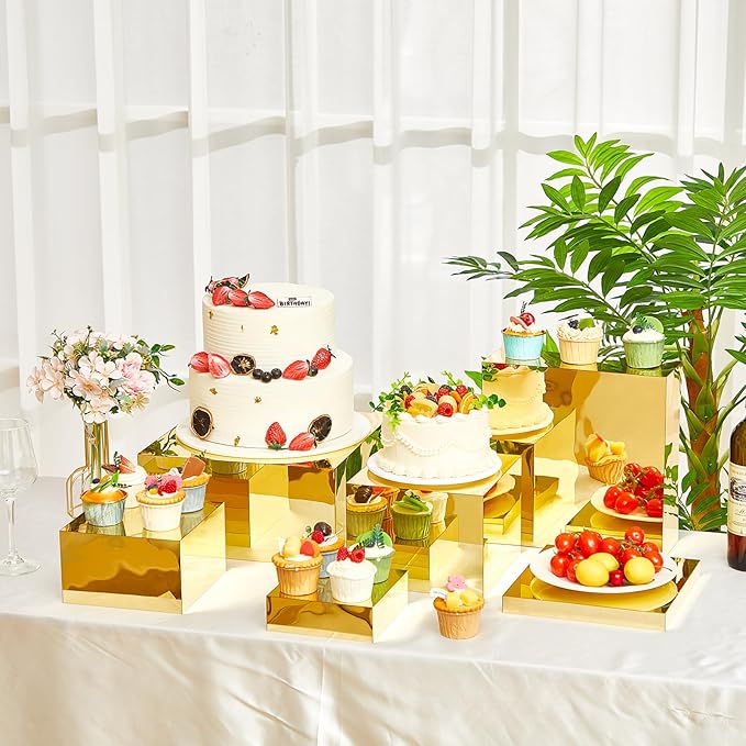 Leinuosen 7 Pcs Large Buffet Risers Set 6" to 12" Acrylic Display Box Catering Dessert Table Riser Food Display Decorative Stand with Hollow Bottom for Catering Supplies(Gold, Square)