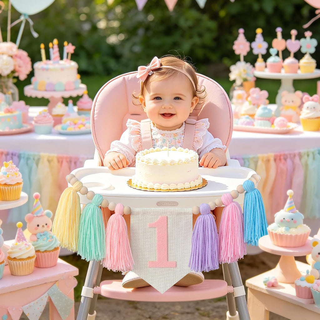 Pastel Macaron one high chair banner Handmade First Birthday High Chair Banner for 1st Baby Girls Fun To Be One Birthday Party Decorations Princess Photoshoot Props