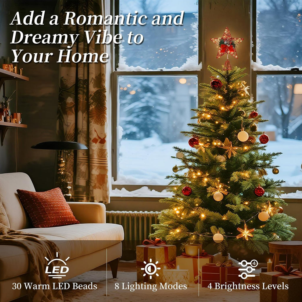 Lewondr Christmas Tree Topper, 8'' Small Metal Christmas Star Tree Topper with Pine Leaves and Bow, 30 LED Bulbs, 6H Timer, 8 Light Modes, USB & Remote Control Star Treetop for Home Xmas Decor, Red