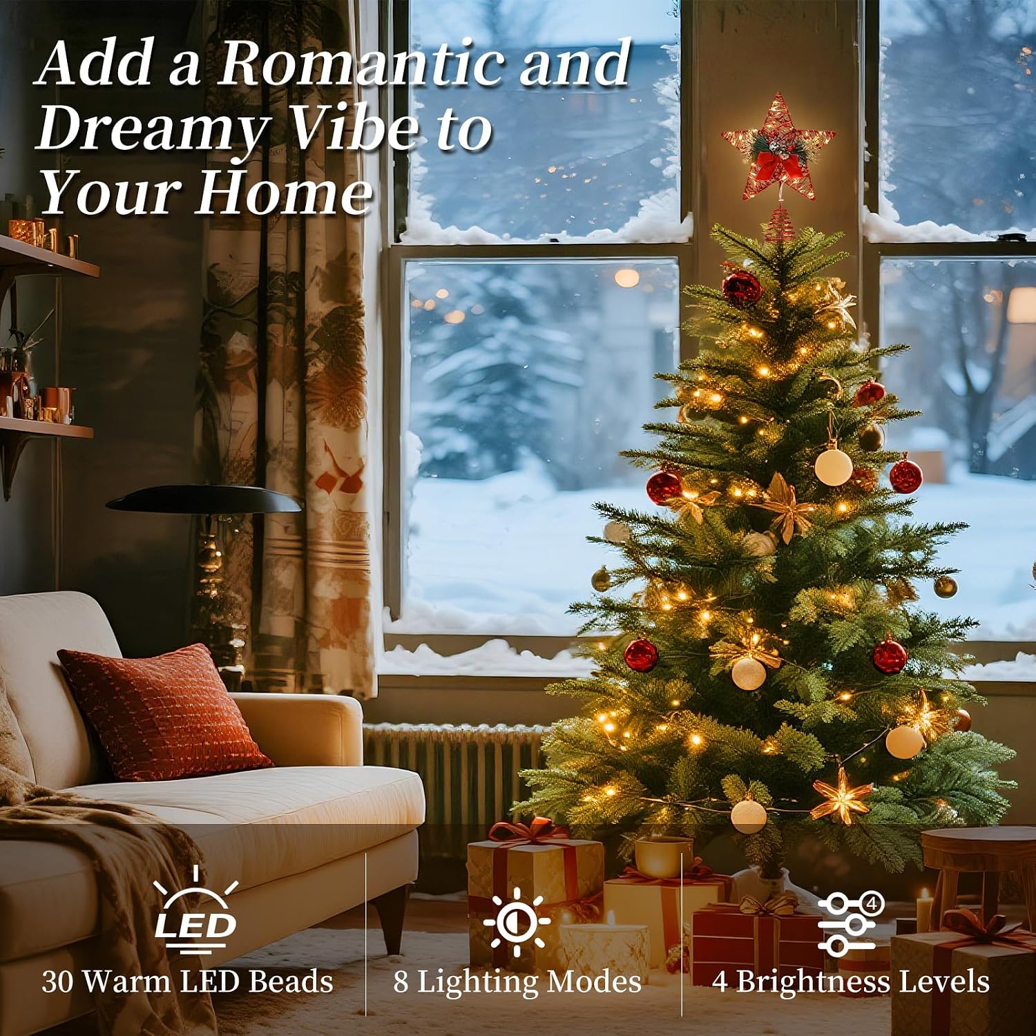 Lewondr Christmas Tree Topper, 8'' Small Metal Christmas Star Tree Topper with Pine Leaves and Bow, 30 LED Bulbs, 6H Timer, 8 Light Modes, USB & Remote Control Star Treetop for Home Xmas Decor, Red