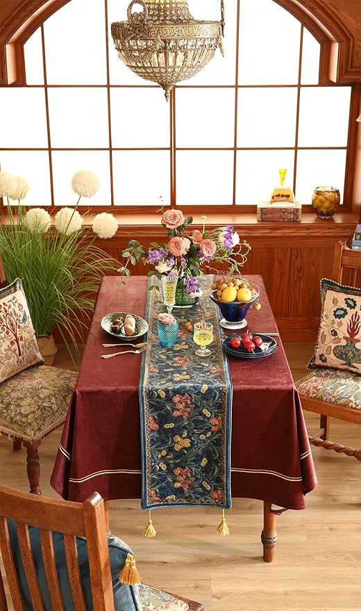 patdrea Designer Casual Wild Floral Velvet Table Runner 102 Inch Long, Dark Blue Occult Bouquets Pattern Table Mat, Decoration for Kitchen Dining Coffee Table Cabinet Banquet Thanksgiving,12"*102"