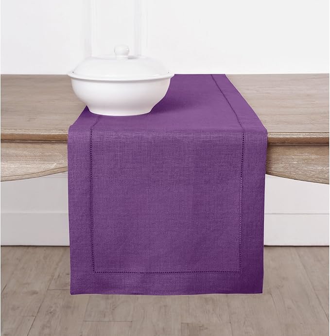 Solino Home Linen Table Runner 120 Inches Long - Classic Hemstitch 100% Pure Linen Purple Dining Table Runner 14 x 120 Inch for Fall, Autumn, Halloween, Thanksgiving, Holiday