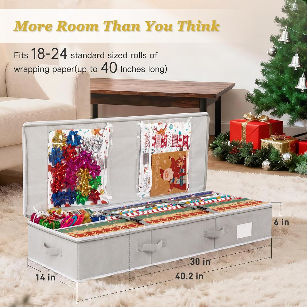 Criusia Gift Wrapping Paper Organizer Storage, Durable Underbed Storage Container Fits 24 Rolls, with Removable Dividers and Pockets for Ribbon, Ornaments, Holiday Accessories, Grey