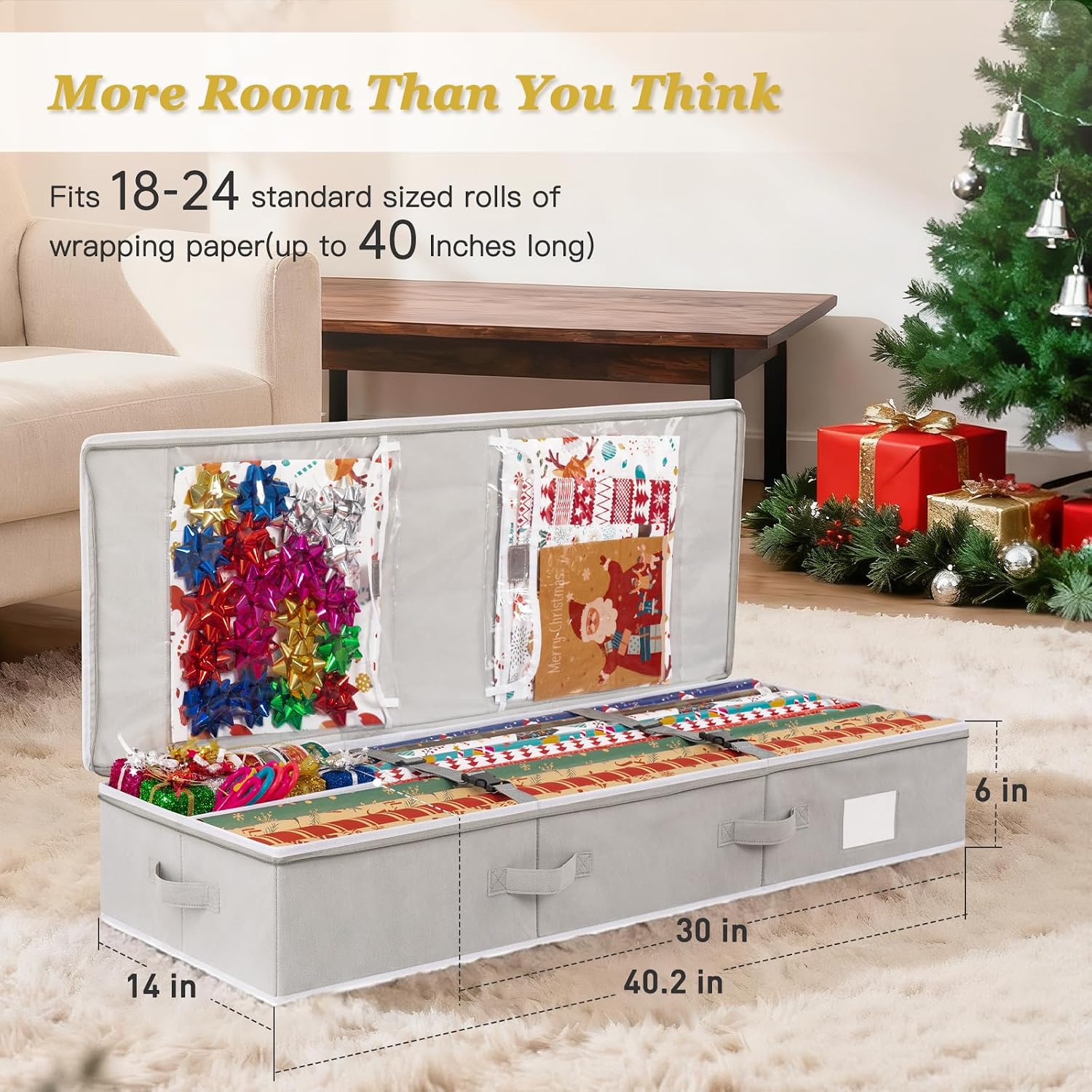 Criusia Gift Wrapping Paper Organizer Storage, Durable Underbed Storage Container Fits 24 Rolls, with Removable Dividers and Pockets for Ribbon, Ornaments, Holiday Accessories, Grey