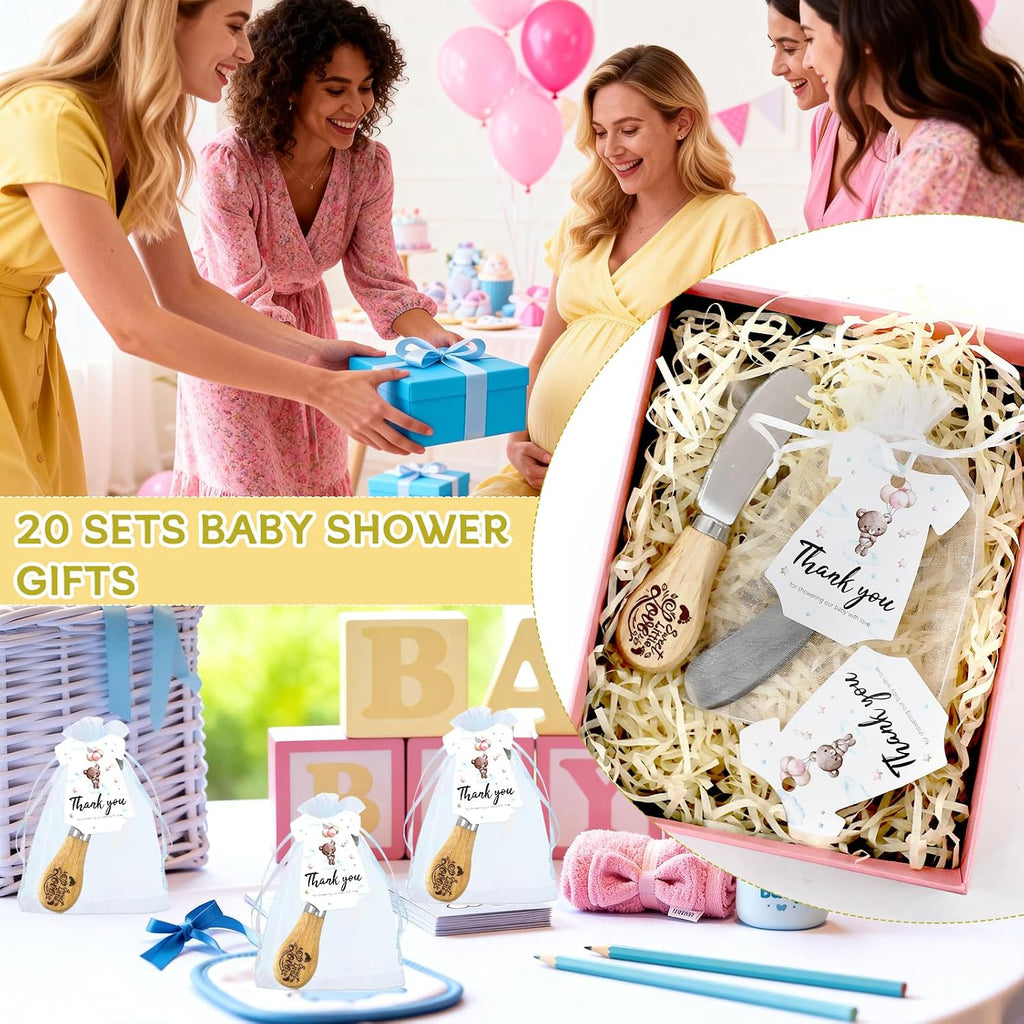 ERTIUANIO 20 Sets Baby Shower Favors Bulk, Baby Showerl Gifts for Guests Game Winner Prizes, Butter Knife with Wood Handle With Thank You Card and Gift Bags for Bridal Shower Wedding Favors