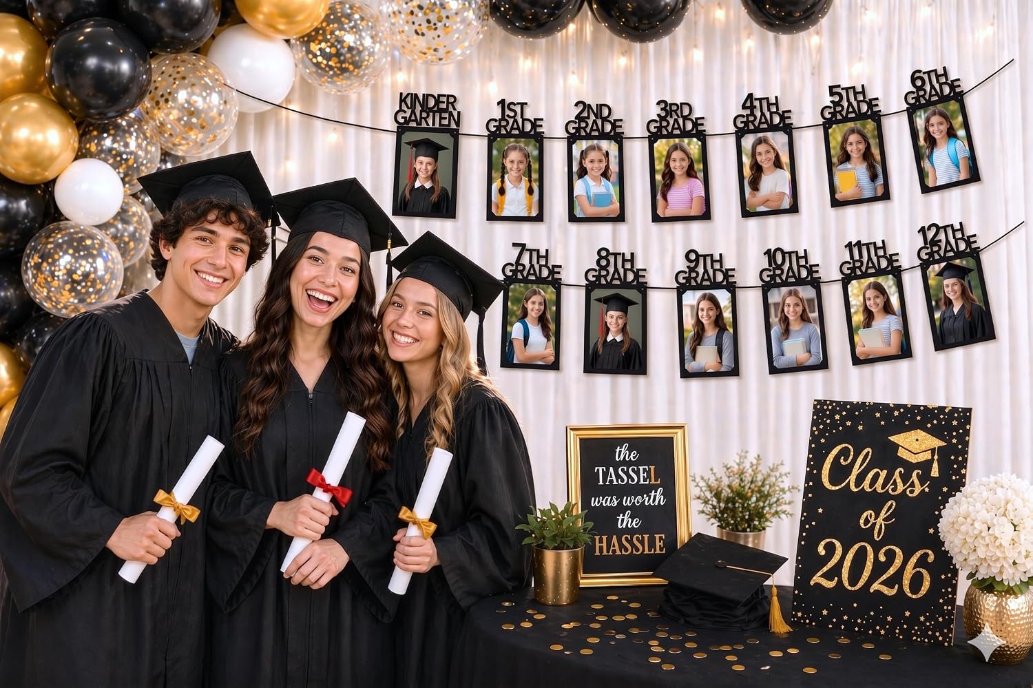 PartyHooman Graduation Photo Banner K-12, Kindergarten to 12th Grade for Middle/Junior, High/Senior Graduation Decorations 2026 | Class of 2026 Party Decorations |Pictures Party Supplies (Pre-strung)