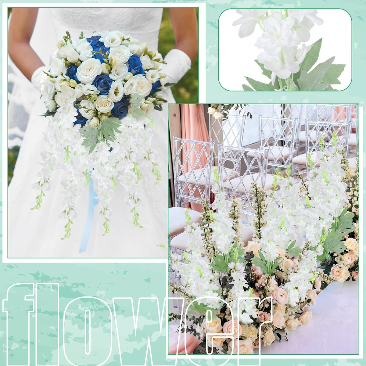 thiccywoov 50 pcs white delphinium artificial flower bulk, front angle view
