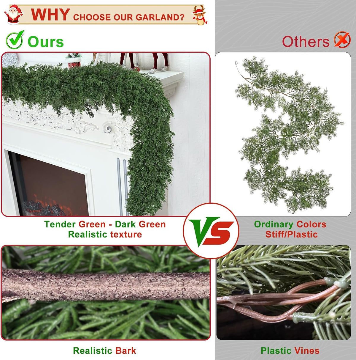 9ft christmas garland realistic fuller,natural droopy,bendable stairs railing shown in use