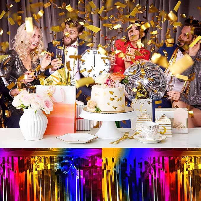 3 Pack Rainbow Foil Fringe Table Skirts Metallic Tinsel Streamers Garland Banner Backdrop for Table Decor, Parade Float, Birthday, Wedding, Halloween, Christmas Party Decorations(29x108 In)