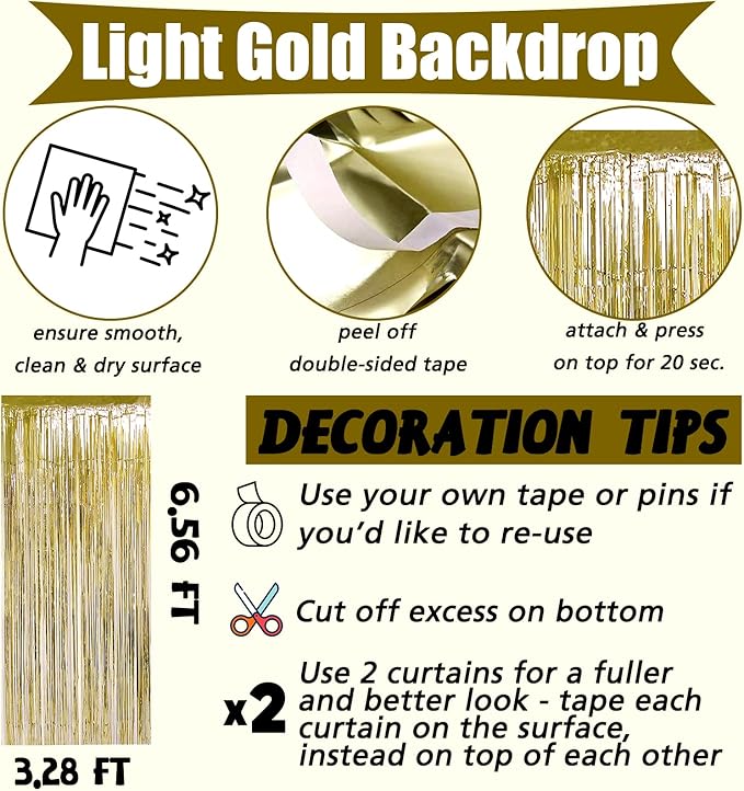 4 Pack Light Gold Fringe Curtain Backdrop, 3.2Ft x 6.6Ft Metallic Tinsel Foil Fringe Streamers Background for Photo Booth Birthday Wedding Baby Shower Carnival Easter Mother’s Day Party Decorations