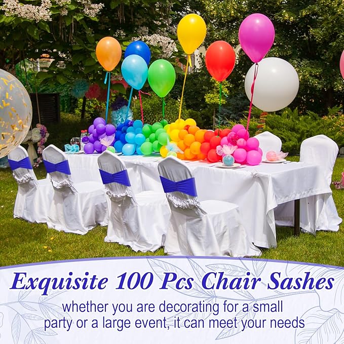 Moukeren 100 Pcs Spandex Chair Sashes Bows Bands Slider Sashes for Chair Covers Elastic Bands Ties Ribbon Decorations for Wedding Party Events Ceremony Birthday Banquet(Royal Blue)