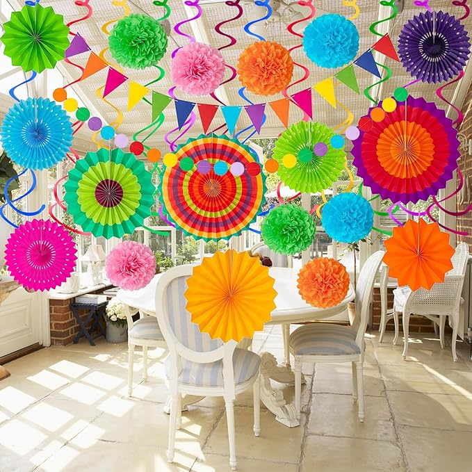 32Pcs Cinco De Mayo Decorations Fiesta Party Decorations Multi-Color Paper Fans Garlands Pennant Pom Poms Hanging Swirls For Birthday Wedding Rainbow Mexican Party
