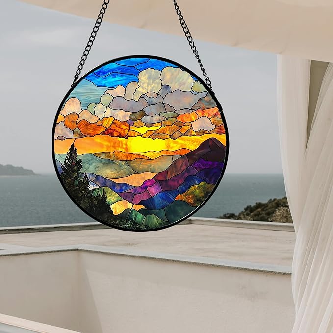 Stained Glass Window Hanging, Abstract Clouds Mountains Landscape Suncatcher for Doors Window Home Sun Catchers Decor Mother's Day Birthday Gifts for Women, Men Mom 9.8 in