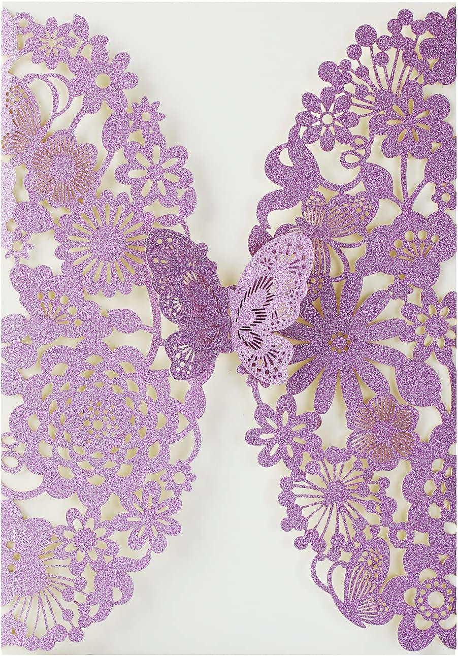 Hosmsua 20PCS 5.12 x 7.3 Blank Purple Quinceanera Invitation Kit with Butterfly Laser Cut Lace Flora Invitations for Wedding Quinceañera Sweet 16 Birthday Wedding Invitation (Purple Glitter)