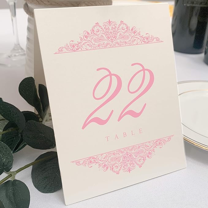 Paisley Wedding Table Numbers (Select Color/Quantity), Champagne, Pink, 1-35, Double Sided, Tent or Use in a Stand, Great for Parties & Restaurants - Made in the USA