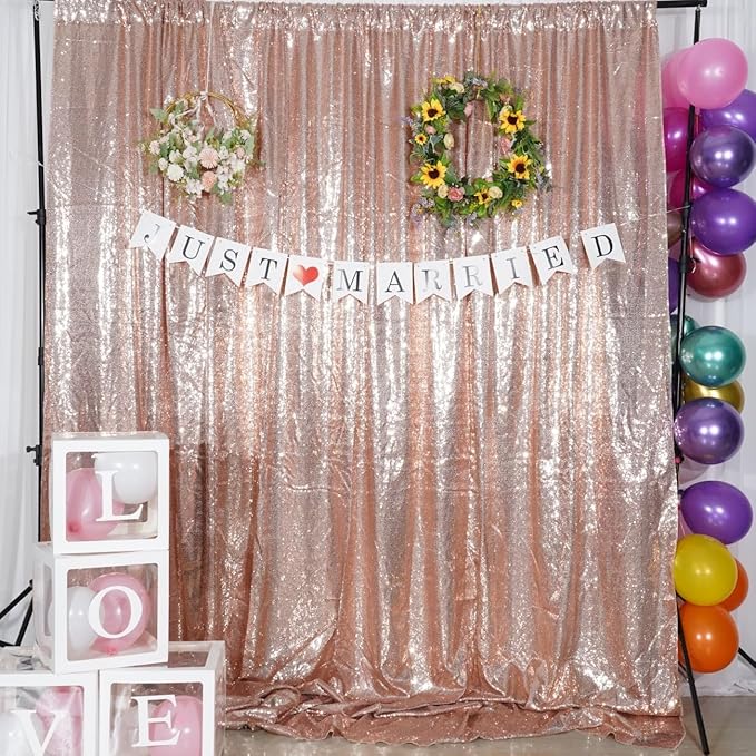 Poise3EHome 6Ft x 8Ft Rose Gold Sequin Backdrop,Glitter Thick Satin Background Drapes, Sparkly Opaque Photography Curtain Backdrop for Wedding Party Decor