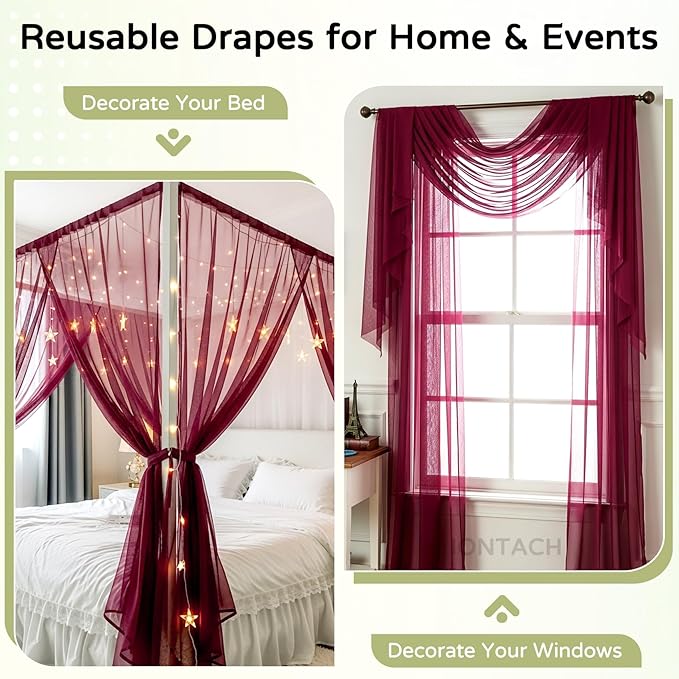 Wedding Arch Draping Fabric 29" x 19Ft Sheer Drapes for Backdrop Wedding Ceremony Reception Ceiling Decor Curtain Baby Bridal Shower Decoration (Burgundy, 1 Panel)