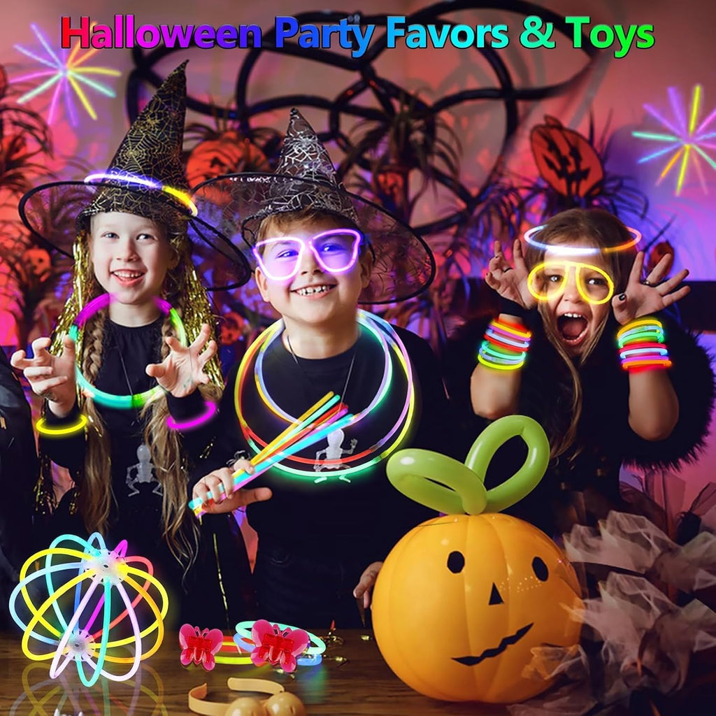 BUDI 467Pcs Glow Sticks Party Favors for Kids Adults Glow in the Dark Party Supplies 4th of July Accessories Neon Decors 200 GlowSticks Bulk 8 Colors 8 Inch & 267 Connectors Necklace Bracelet Glasses