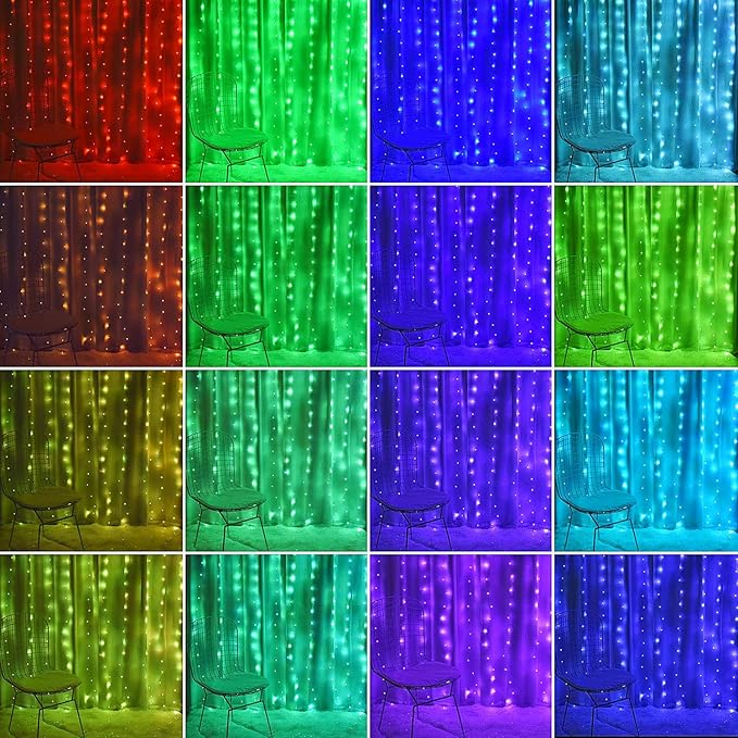Fairy Curtain Lights - 16-Color Changing String Lights with Remote, 4 Lighting Modes, Ideal for Christmas, Weddings, Parties, Room Decor - Rainbow Backdrop