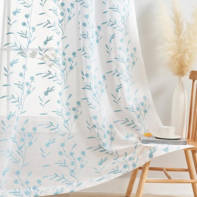 Sheer Curtains White-Blue 45 Inches Long Floral Embroidery Rod Pocket Voile Drapes for Living room, Bedroom, Window Treatments Semi Lace Outdoor Curtain Panels for Yard, Kitchen, Set of 2, 52"x 45".