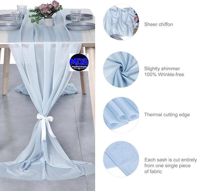 MDS 2 Pack 14ft Chiffon Table Runner 29 x 170 Inches Sheer Wedding Runner Romantic Rustic Table Runner for Wedding Decorations, Birthday Parties, Bridal Shower Party Arch Decor - Baby Blue