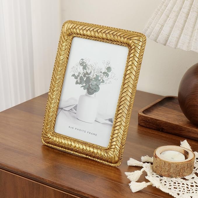 Cuspin 4x6 Gold Picture Frame, Ornate Decorative Rattan Resin Photo Frame, Gold Frames Braided Design for Tabletop Display or Wall Hanging, Elegant Home Decor