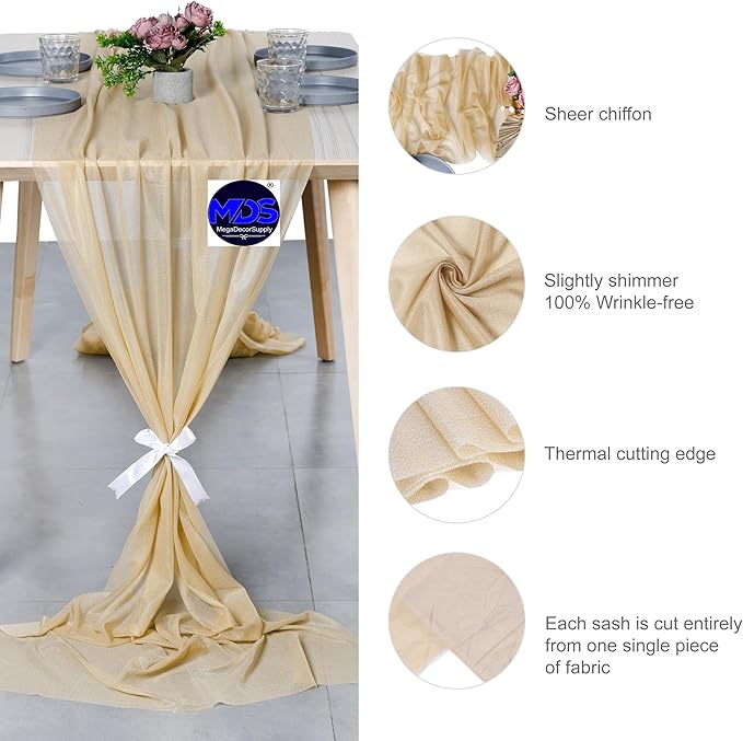 MDS 2 Pack 10ft Chiffon Table Runner 29 x 120 Inches Sheer Wedding Runner Romantic Rustic Table Runner for Wedding Decorations, Birthday Parties, Bridal Shower Party Arch Decor - Champagne Gold